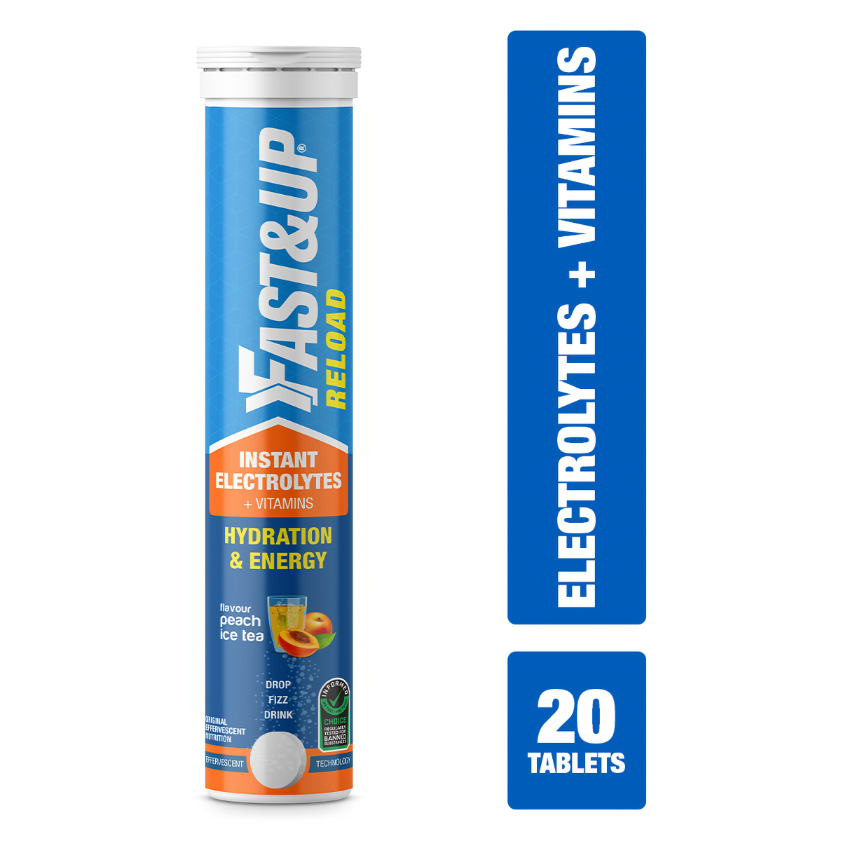 Fast&amp;Up Reload Instant Electrolytes Peach Ice Tea Flavour, 20 Effervescent Tablets, Pack of 1