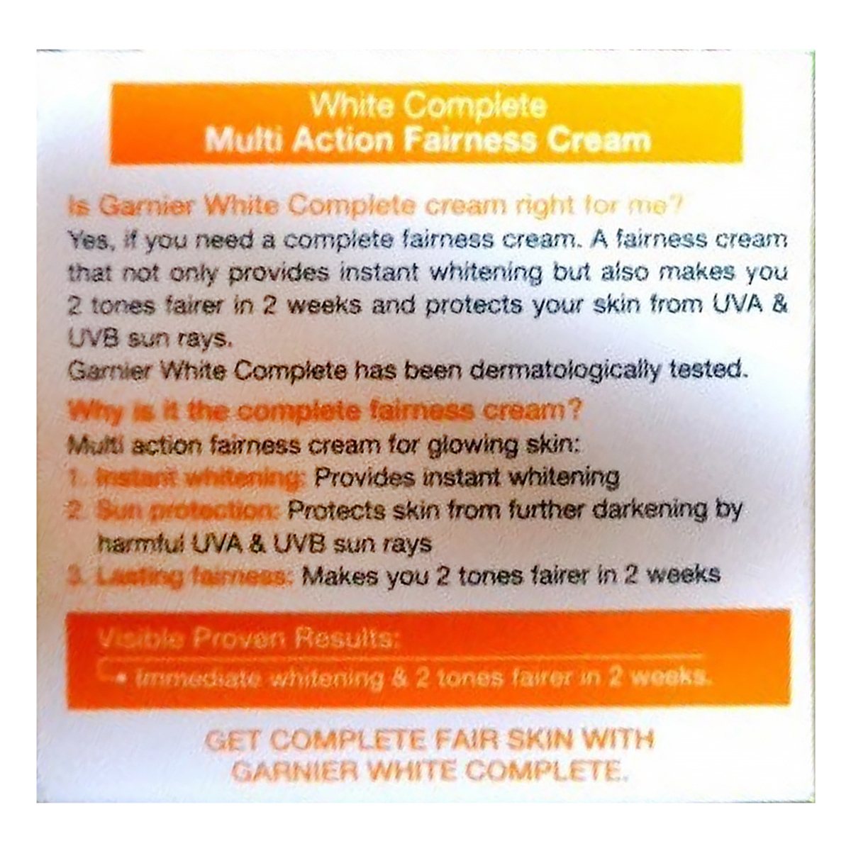 Garnier White Complete Multi Action SPF 17 PA++ Fairness Cream, 18 gm Price, Uses, Side Effects
