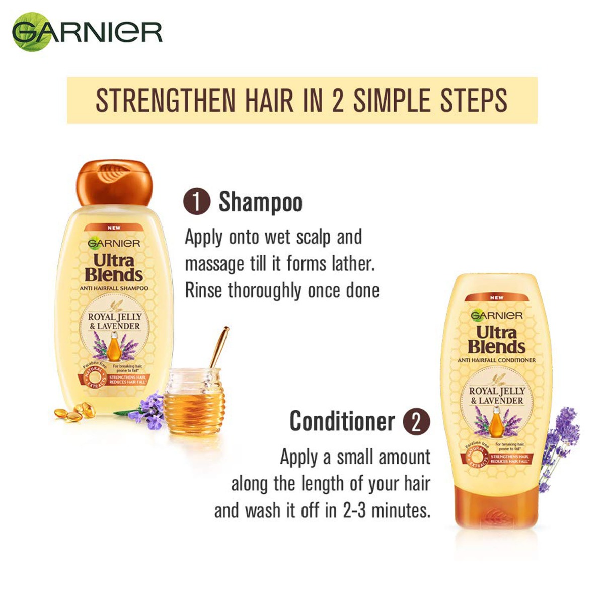 Garnier Ultra Blends Royal Jelly and Lavender Anti Hairfall Conditioner, 175 ml, Pack of 1 Garnier Ultra Blends Royal Jelly and Lavender Anti Hairfall Conditioner, 175 ml, Pack of 1
