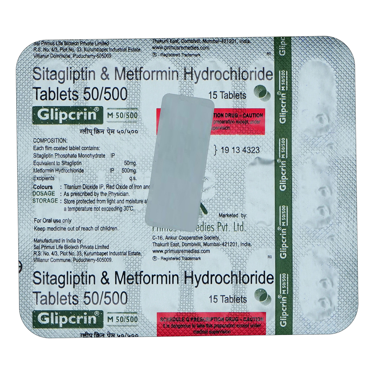 Glipcrin M 50 mg/500 mg Tablet 15's, Pack of 15 TabletS Glipcrin M 50 mg/500 mg Tablet 15's, Pack of 15 TabletS