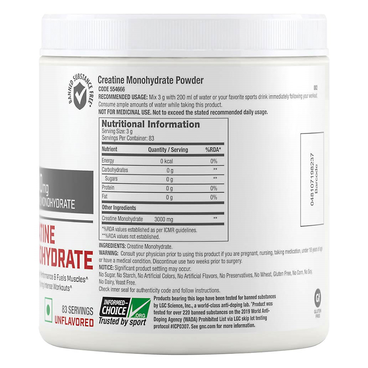 GNC PRO Performance Creatine Monohydrate 3000 mg Unflavored Powder, 250 gm, Pack of 1 GNC PRO Performance Creatine Monohydrate 3000 mg Unflavored Powder, 250 gm, Pack of 1
