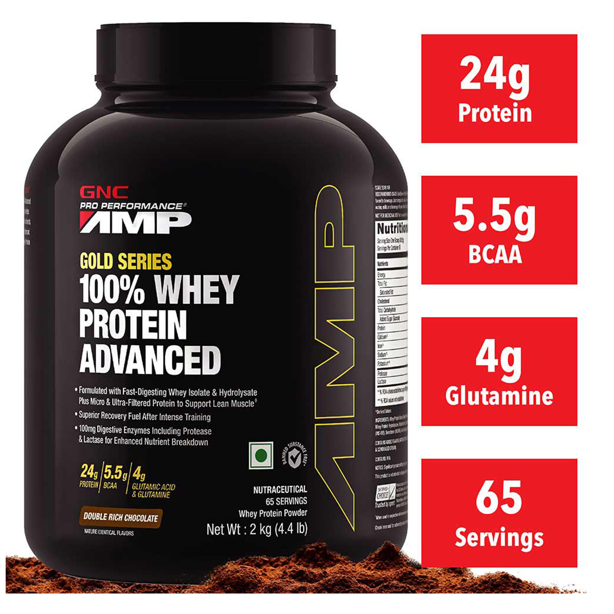 GNC AMP Gold 100% Whey Protein Advanced Double Rich Chocolate Flavour Powder, 2 kg, Pack of 1 GNC AMP Gold 100% Whey Protein Advanced Double Rich Chocolate Flavour Powder, 2 kg, Pack of 1