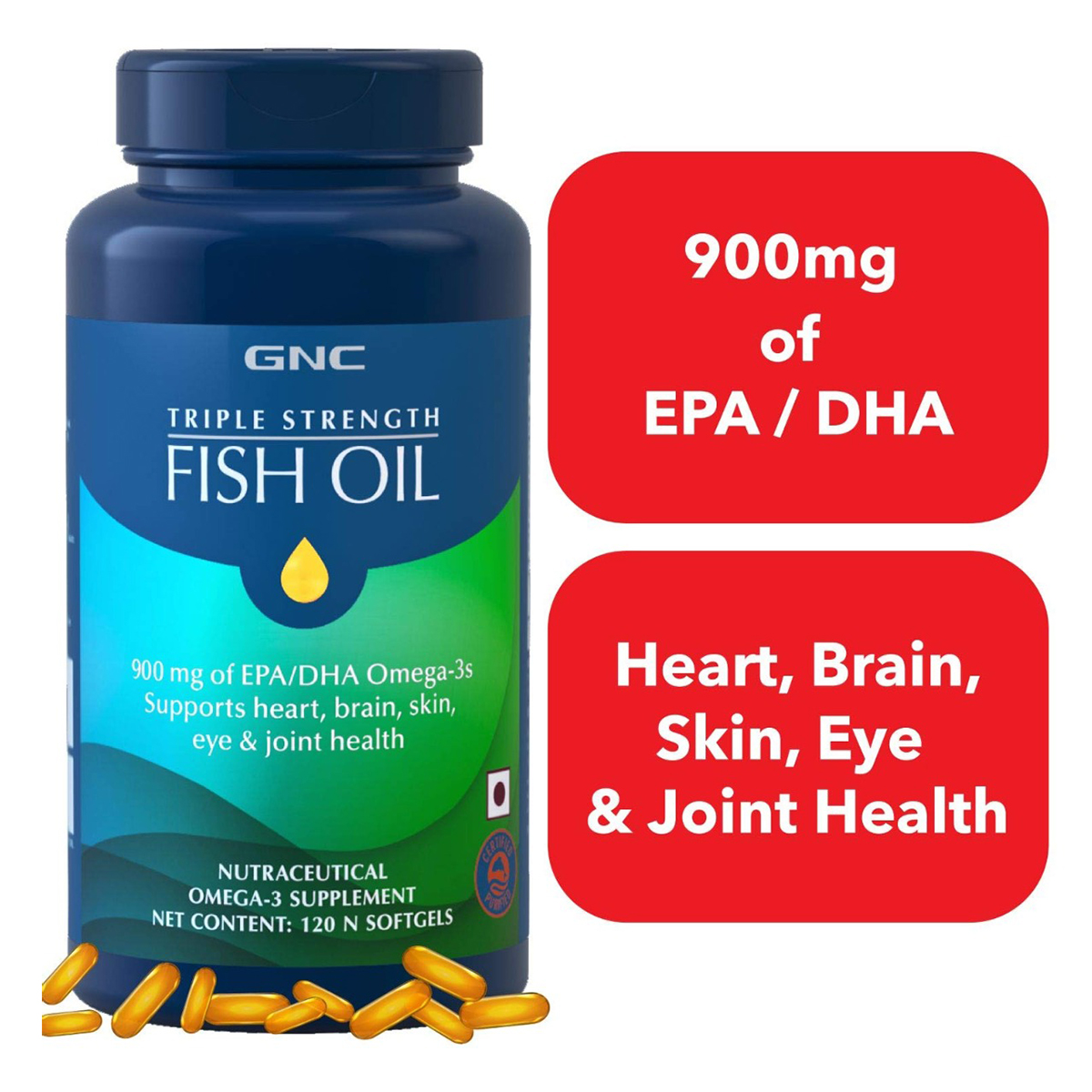 GNC Triple Strength Fish Oil Softgels, 120 Capsules, Pack of 1