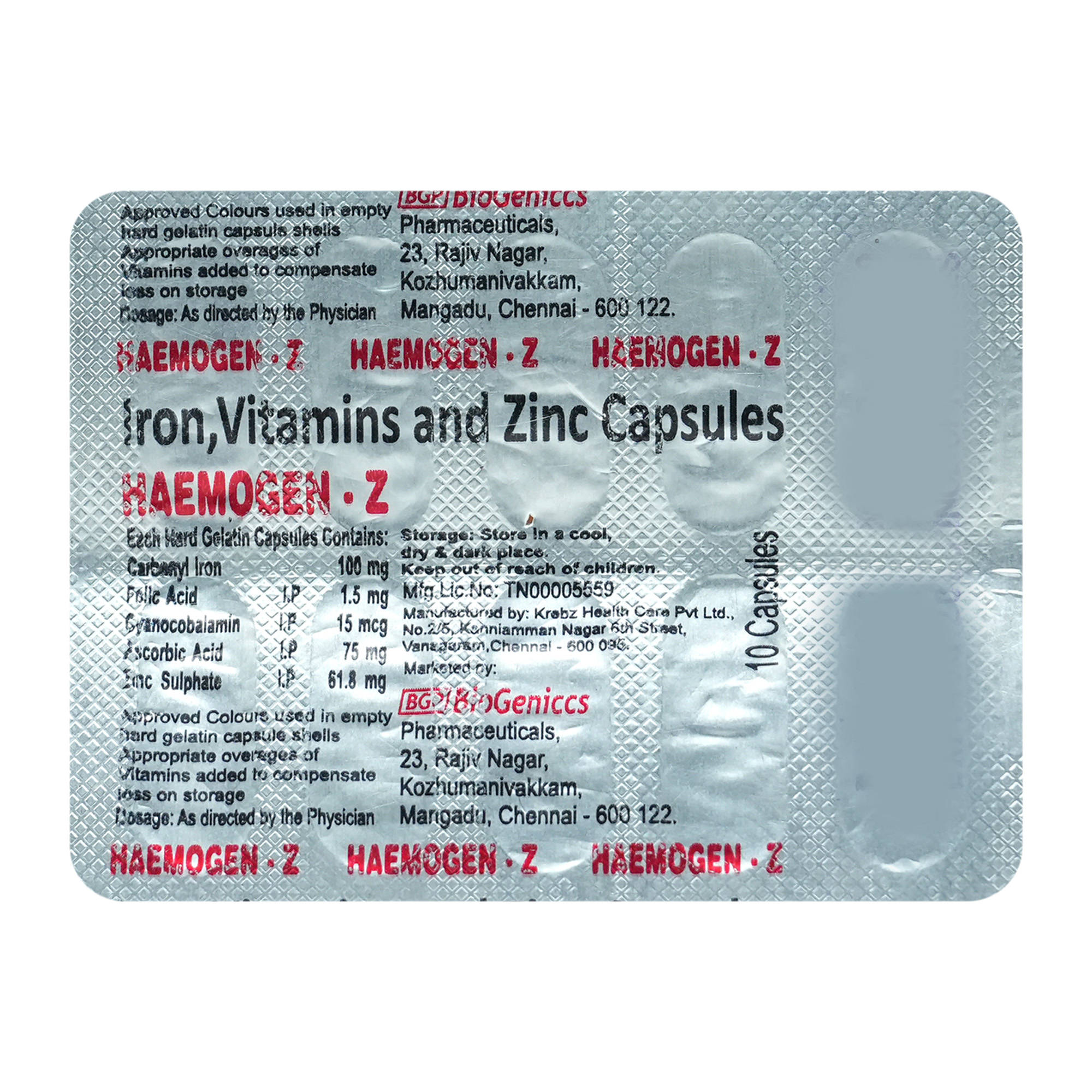Haemogen Z Capsule 10's, Pack of 10 CAPSULES Haemogen Z Capsule 10's, Pack of 10 CAPSULES