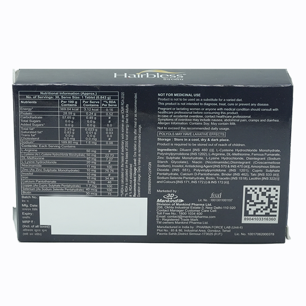 Hairbless Adults Tablet 10 | with Biotin and Niacin | Gluten Free | Amino Acid, Minerals and Vitamins | Enriched with L-Cystiene, Pack of 10 Hairbless Adults Tablet 10 | with Biotin and Niacin | Gluten Free | Amino Acid, Minerals and Vitamins | Enriched with L-Cystiene, Pack of 10