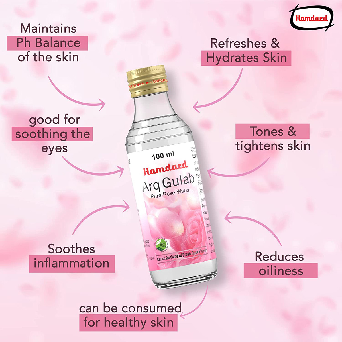 Hamdard Arq Gulab Rose Water 100 ml | Pure Rose Water | Refreshes & Hydrates Skin | Helps In Skin Tightening & Tonning | For Health Skin, Pack of 1 Hamdard Arq Gulab Rose Water 100 ml | Pure Rose Water | Refreshes & Hydrates Skin | Helps In Skin Tightening & Tonning | For Health Skin, Pack of 1