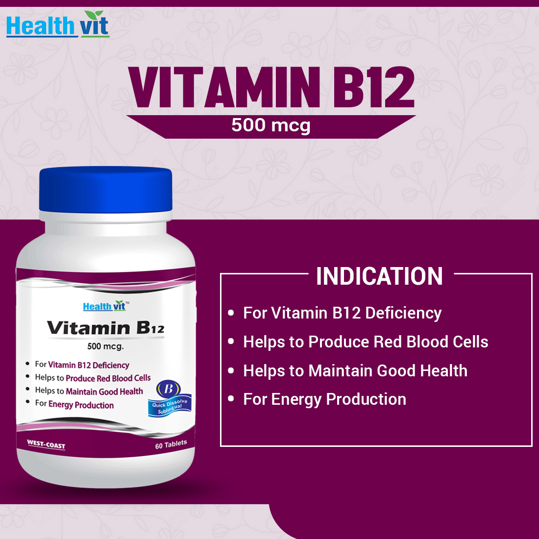 Healthvit Vitamin B12 500 mcg, 60 Tablets, Pack of 1 Healthvit Vitamin B12 500 mcg, 60 Tablets, Pack of 1