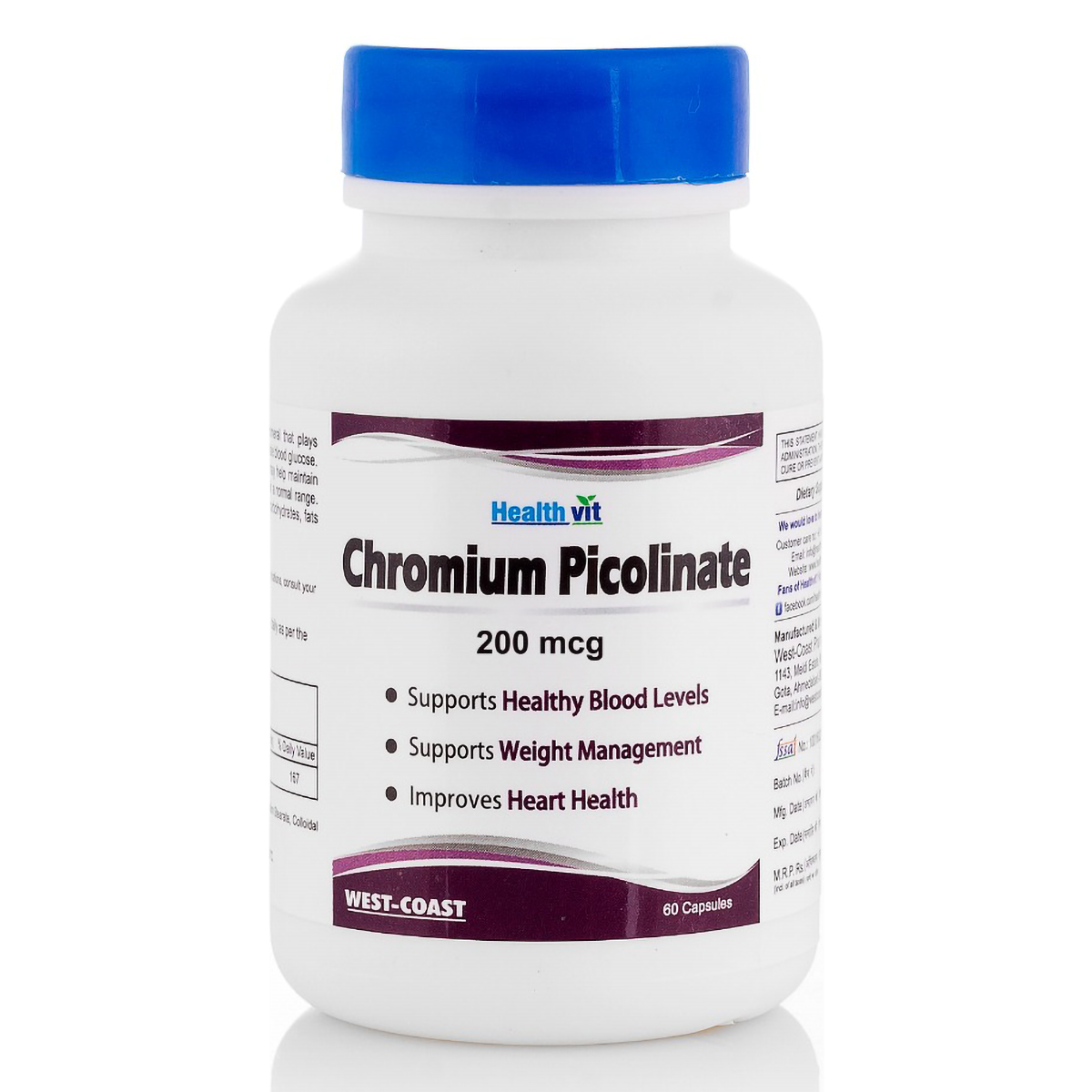 Healthvit Chromium Picolinate 200 mg, 60 Capsules, Pack of 1 Healthvit Chromium Picolinate 200 mg, 60 Capsules, Pack of 1