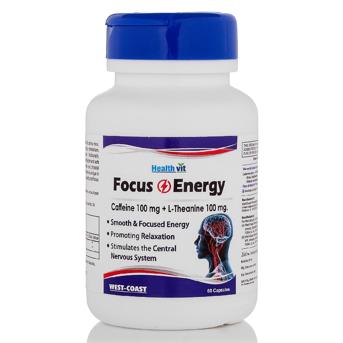 Healthvit Focus & Energy Caffeine 100 mg L-Theanine 100 mg, 60 Capsules, Pack of 1 Healthvit Focus & Energy Caffeine 100 mg L-Theanine 100 mg, 60 Capsules, Pack of 1