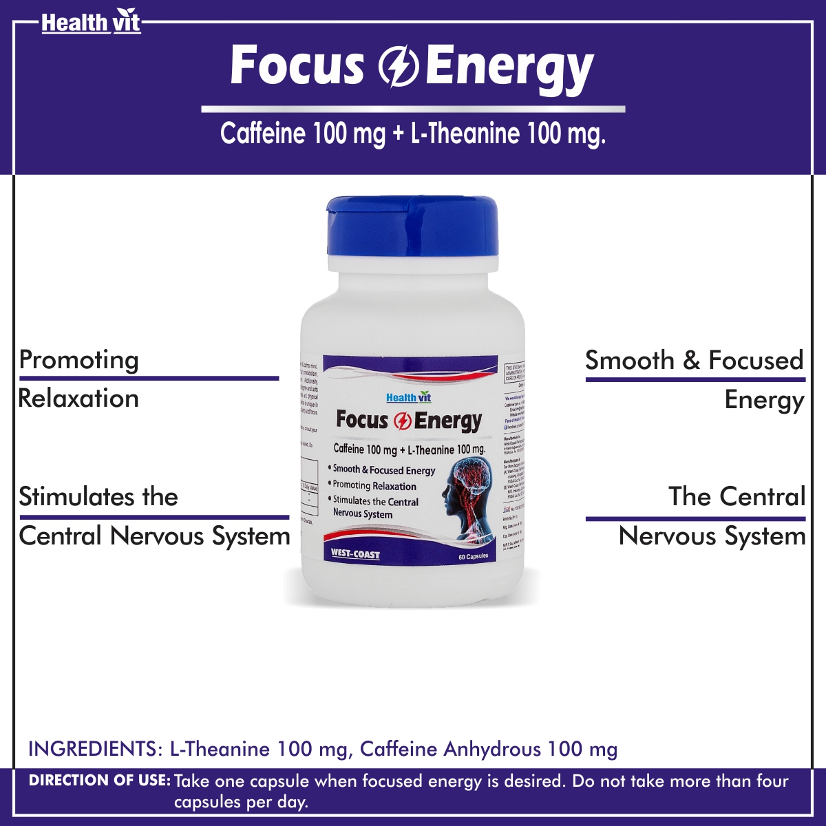 Healthvit Focus & Energy Caffeine 100 mg L-Theanine 100 mg, 60 Capsules, Pack of 1 Healthvit Focus & Energy Caffeine 100 mg L-Theanine 100 mg, 60 Capsules, Pack of 1