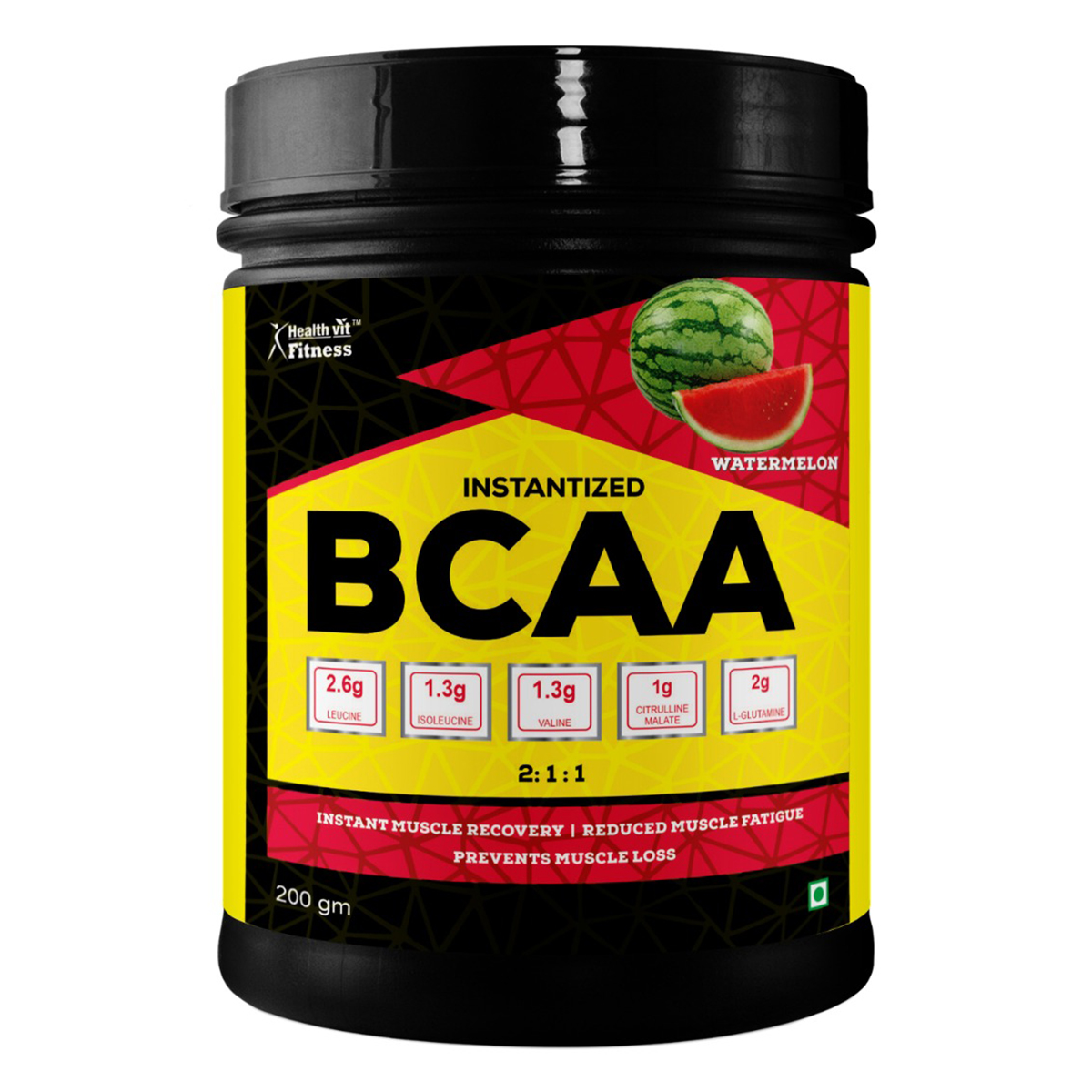 Healthvit Fitness 100% Micronized BCAA 5200mg 2:1:1 Watermelon Flavour, 200 gm, Pack of 1 Healthvit Fitness 100% Micronized BCAA 5200mg 2:1:1 Watermelon Flavour, 200 gm, Pack of 1