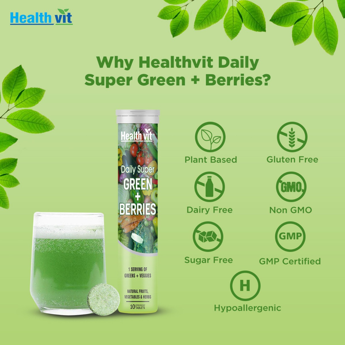 Healthvit Daily Super Green+Berries Effervescent, 10 Tablets, Pack of 1 Healthvit Daily Super Green+Berries Effervescent, 10 Tablets, Pack of 1