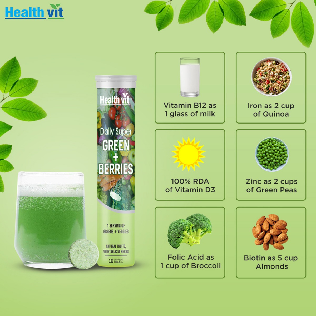 Healthvit Daily Super Green+Berries Effervescent, 10 Tablets, Pack of 1 Healthvit Daily Super Green+Berries Effervescent, 10 Tablets, Pack of 1