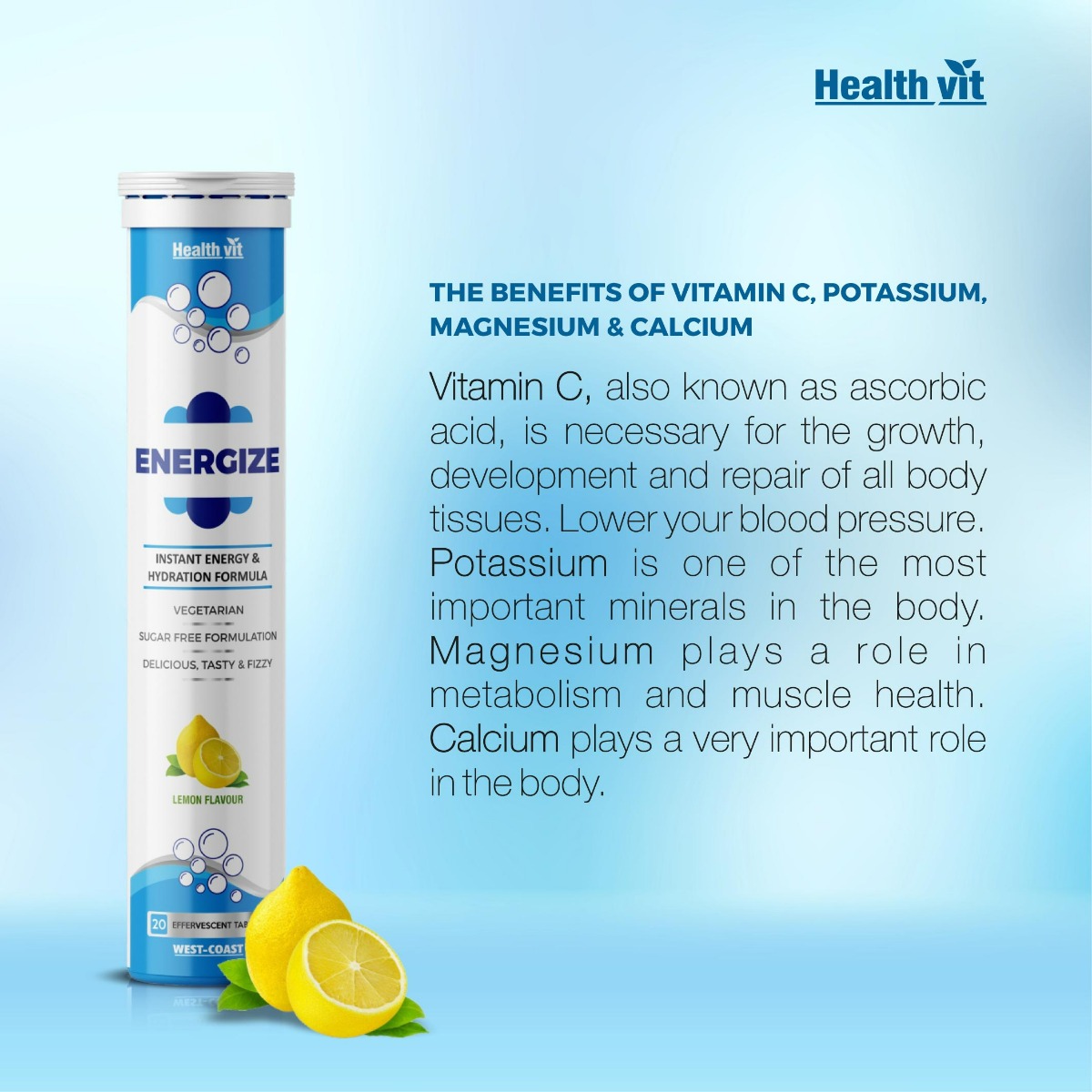Healthvit Energize Instant Energy & Hydration Formula Lemon Flavour Effervescent, 20 Tablets, Pack of 1 Healthvit Energize Instant Energy & Hydration Formula Lemon Flavour Effervescent, 20 Tablets, Pack of 1