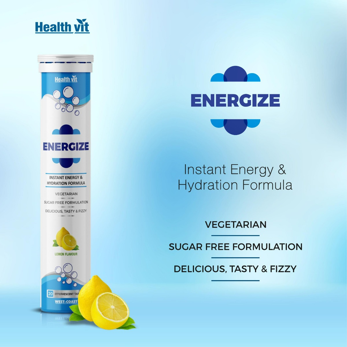Healthvit Energize Instant Energy & Hydration Formula Lemon Flavour Effervescent, 20 Tablets, Pack of 1 Healthvit Energize Instant Energy & Hydration Formula Lemon Flavour Effervescent, 20 Tablets, Pack of 1