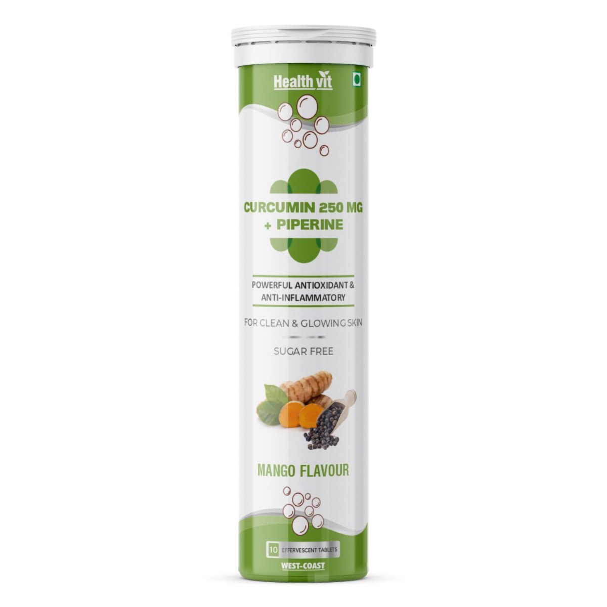 Healthvit Curcumin 250 mg + Piperine Sugar Free Mango Flavour Effervescent, 10 Tablets, Pack of 1 Healthvit Curcumin 250 mg + Piperine Sugar Free Mango Flavour Effervescent, 10 Tablets, Pack of 1