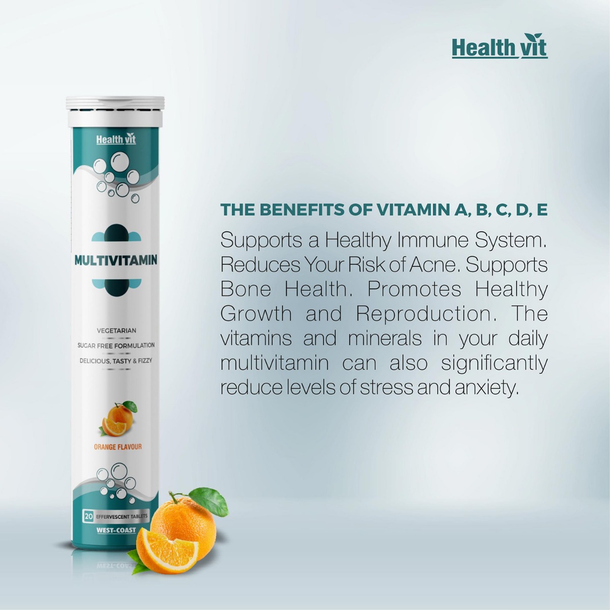 Healthvit Multivitamin Sugar Free Orange Flavour Effervescent, 20 Tablets, Pack of 1 Healthvit Multivitamin Sugar Free Orange Flavour Effervescent, 20 Tablets, Pack of 1