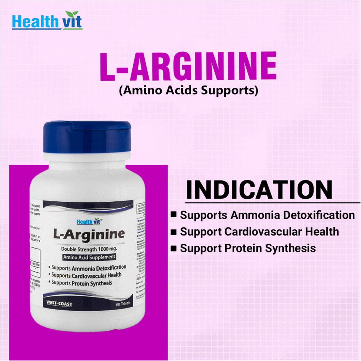 Healthvit L-Arginine 1000 mg Amino Acid Supplement, 60 Tablets, Pack of 1 Healthvit L-Arginine 1000 mg Amino Acid Supplement, 60 Tablets, Pack of 1