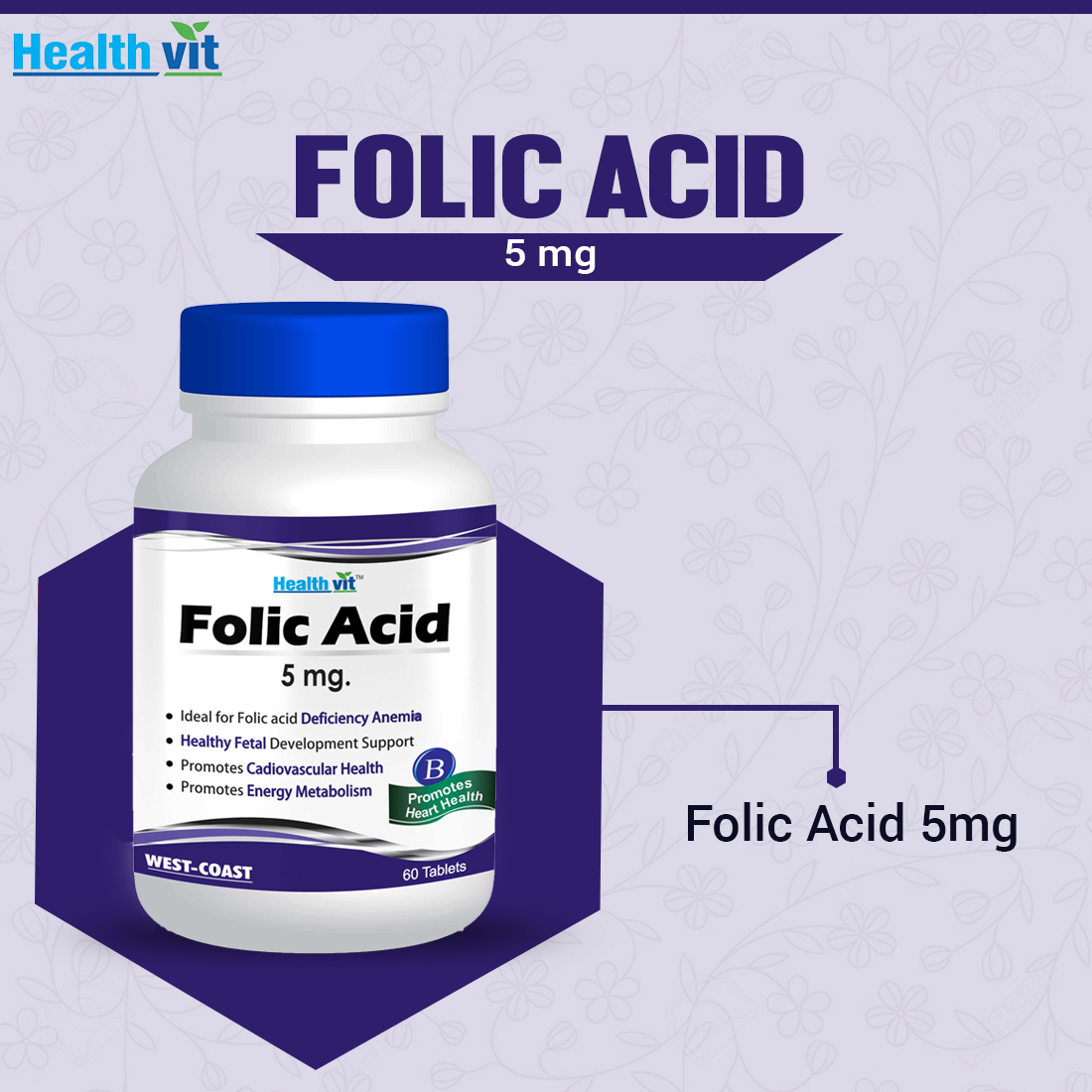 Healthvit Folic Acid 5 mg, 60 Tablets, Pack of 1 Healthvit Folic Acid 5 mg, 60 Tablets, Pack of 1
