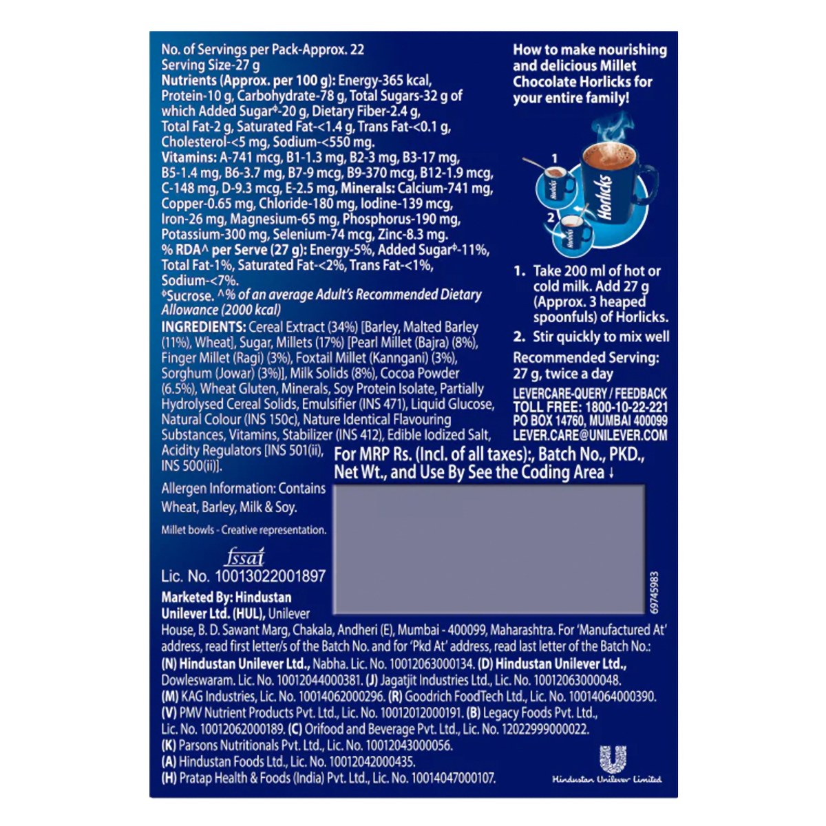 Horlicks Millet Chocolate Flavour Powder, 600 gm Refill Pack Uses, Benefits, Price Apollo