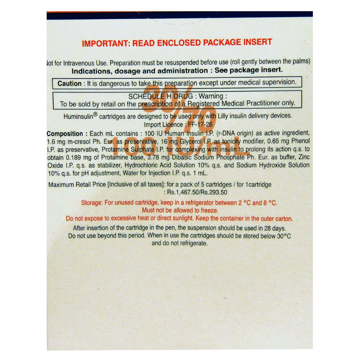 Huminsulin 30/70 100IU/ml Cartridge 5 x 3 ml, Pack of 5 INJECTIONS Huminsulin 30/70 100IU/ml Cartridge 5 x 3 ml, Pack of 5 INJECTIONS