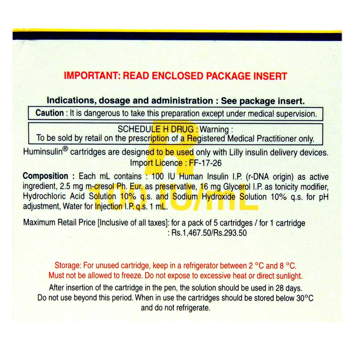 Huminsulin R 100IU/ml Cartridge 5 x 3 ml, Pack of 5 INJECTIONS Huminsulin R 100IU/ml Cartridge 5 x 3 ml, Pack of 5 INJECTIONS