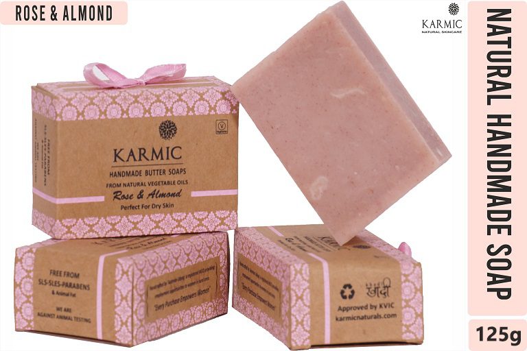 Karmic Handmade Rose & Almond Butter Soap 125 gm | Gently Cleanses & Exfoliates | Nourishes, Moisturises & Soothes | For Dry Skin, Pack of 1 Karmic Handmade Rose & Almond Butter Soap 125 gm | Gently Cleanses & Exfoliates | Nourishes, Moisturises & Soothes | For Dry Skin, Pack of 1