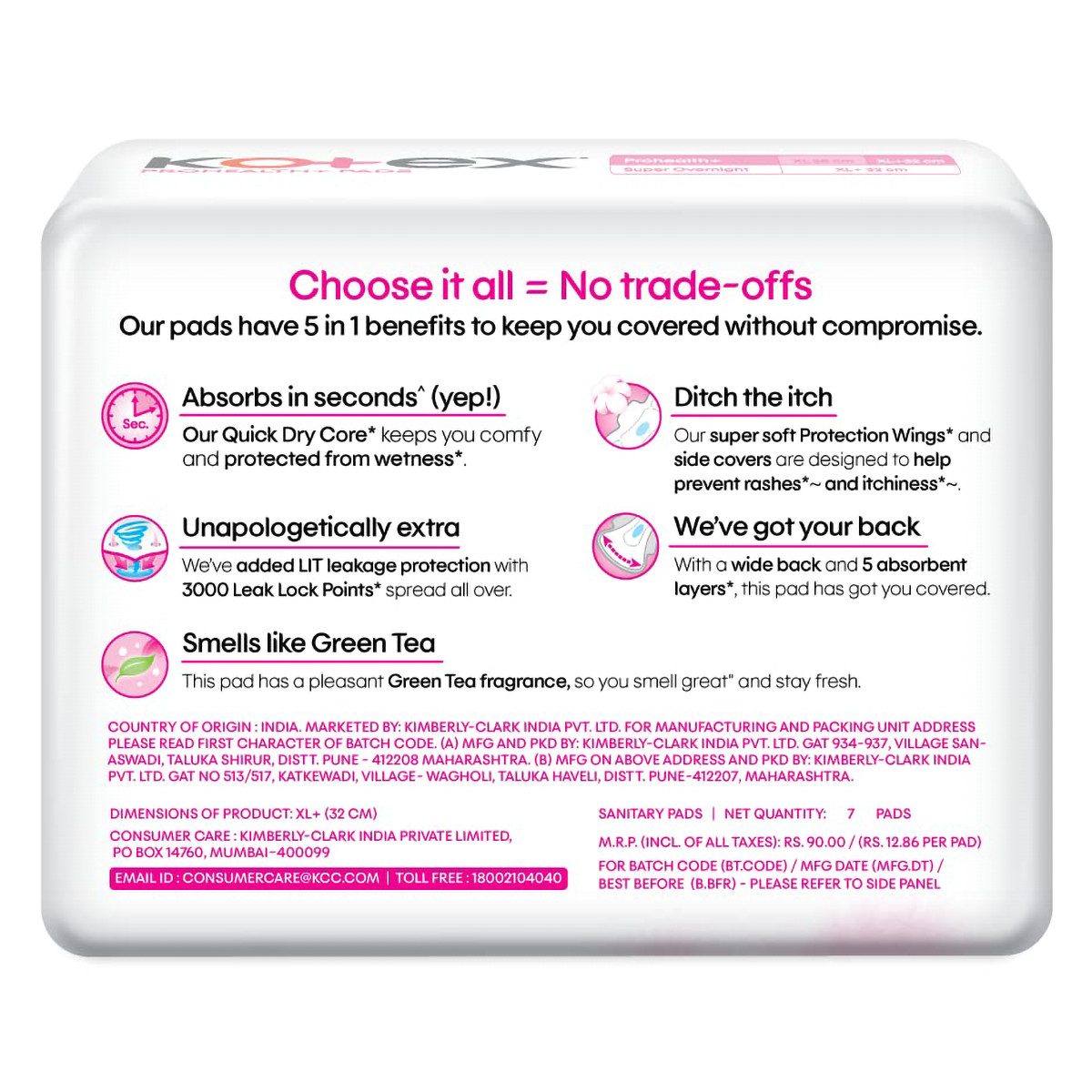 Kotex Prohealth+ Sanitary Pads XL+, 7 Count, Pack of 1 Kotex Prohealth+ Sanitary Pads XL+, 7 Count, Pack of 1