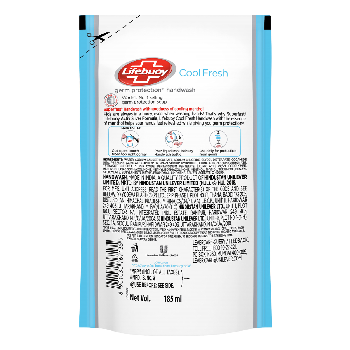 Lifebuoy Cool Fresh Germ Protection Handwash, 555 ml (3 x 185 ml) Refill Pack, Pack of 1 Lifebuoy Cool Fresh Germ Protection Handwash, 555 ml (3 x 185 ml) Refill Pack, Pack of 1