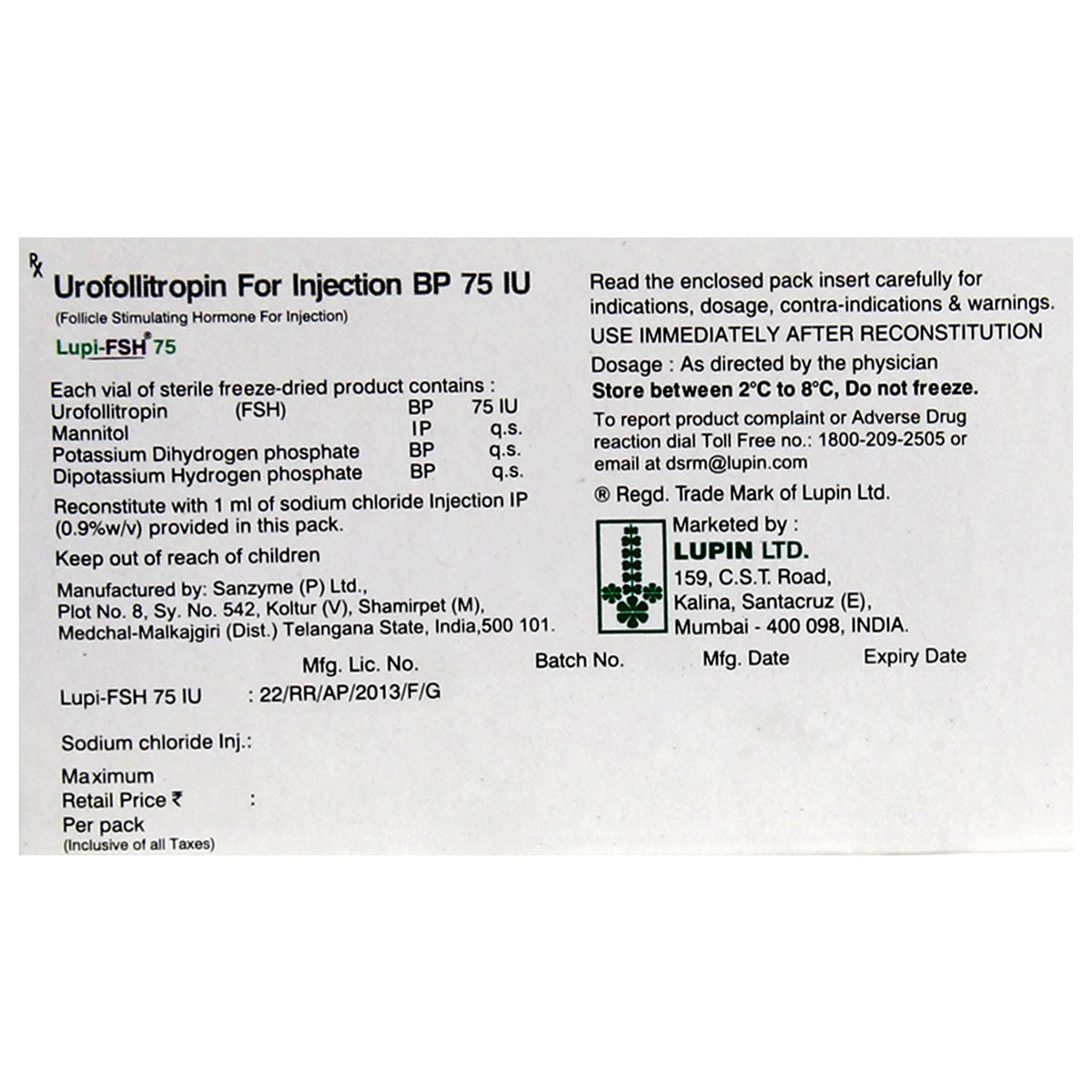Lupi-FSH 75IU Injection 2 ml, Pack of 1 INJECTION Lupi-FSH 75IU Injection 2 ml, Pack of 1 INJECTION