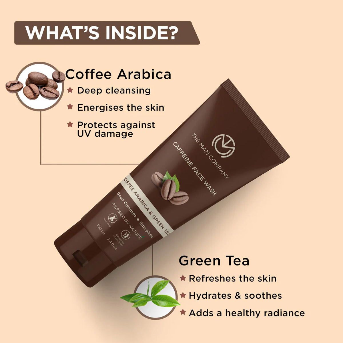 The Man Company Caffeine Face Wash 100 ml | Coffee Arabica & Green Tea | Deep Cleansing | Energises, Rejuvenates & Hydrates | For All Skin Type, Pack of 1 The Man Company Caffeine Face Wash 100 ml | Coffee Arabica & Green Tea | Deep Cleansing | Energises, Rejuvenates & Hydrates | For All Skin Type, Pack of 1