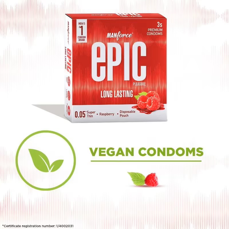 Manforce Epic Pleasure Long Lasting Super Thin Raspberry Flavour Condoms, 3 Count, Pack of 1 Manforce Epic Pleasure Long Lasting Super Thin Raspberry Flavour Condoms, 3 Count, Pack of 1