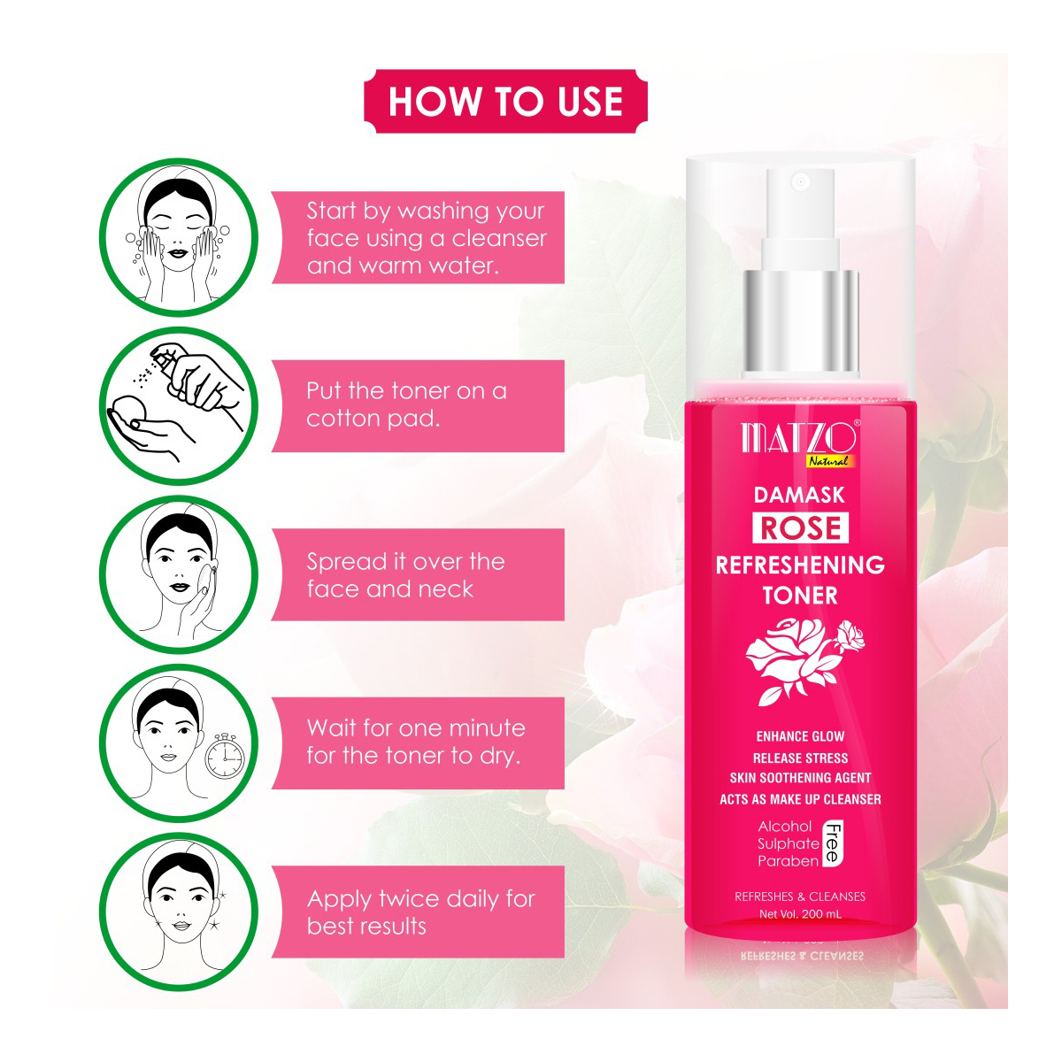 Matzo Damask Rose Refreshing Toner 200 ml | Refreshes & Cleanses | Clears Makeup | Enhance Glow | 100% Natural | For Men & Women, Pack of 1 Matzo Damask Rose Refreshing Toner 200 ml | Refreshes & Cleanses | Clears Makeup | Enhance Glow | 100% Natural | For Men & Women, Pack of 1