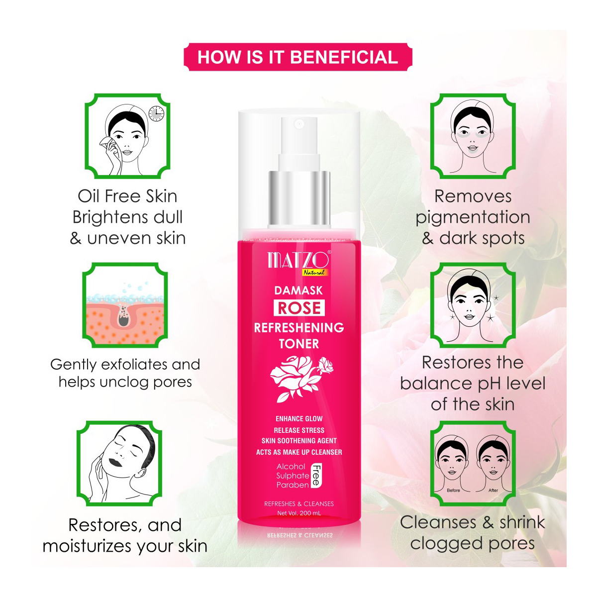 Matzo Damask Rose Refreshing Toner 200 ml | Refreshes & Cleanses | Clears Makeup | Enhance Glow | 100% Natural | For Men & Women, Pack of 1 Matzo Damask Rose Refreshing Toner 200 ml | Refreshes & Cleanses | Clears Makeup | Enhance Glow | 100% Natural | For Men & Women, Pack of 1