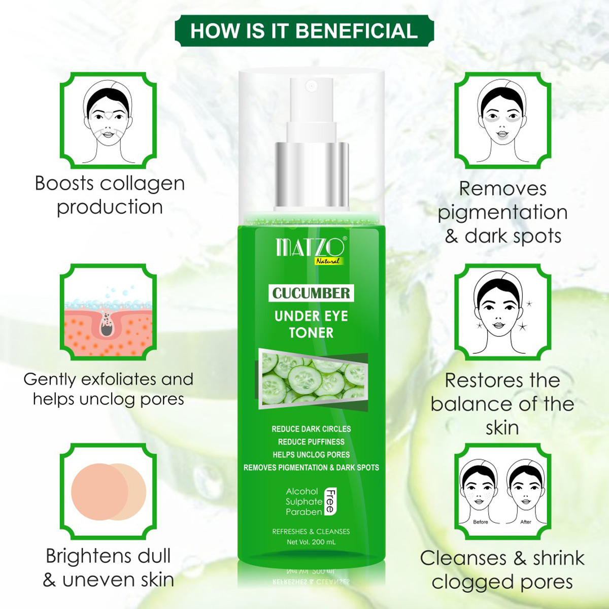 Matzo Cucumber Under Eye Toner 200 ml | Refreshes & Cleanses Skin | Reduces Puffiness, Dark Circles | Removes Pigmentation & Dark Spots | Unclogs Pore, Pack of 1 Matzo Cucumber Under Eye Toner 200 ml | Refreshes & Cleanses Skin | Reduces Puffiness, Dark Circles | Removes Pigmentation & Dark Spots | Unclogs Pore, Pack of 1