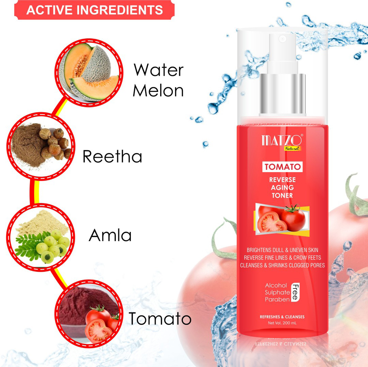 Matzo Tomato Reverse Aging Toner 200 ml | Cleanses & Refreshes | Brightens Dull & Uneven Skin Tone | Reverse Finelines & Wrinkles | 100% Natural | For Men & Women, Pack of 1 Matzo Tomato Reverse Aging Toner 200 ml | Cleanses & Refreshes | Brightens Dull & Uneven Skin Tone | Reverse Finelines & Wrinkles | 100% Natural | For Men & Women, Pack of 1
