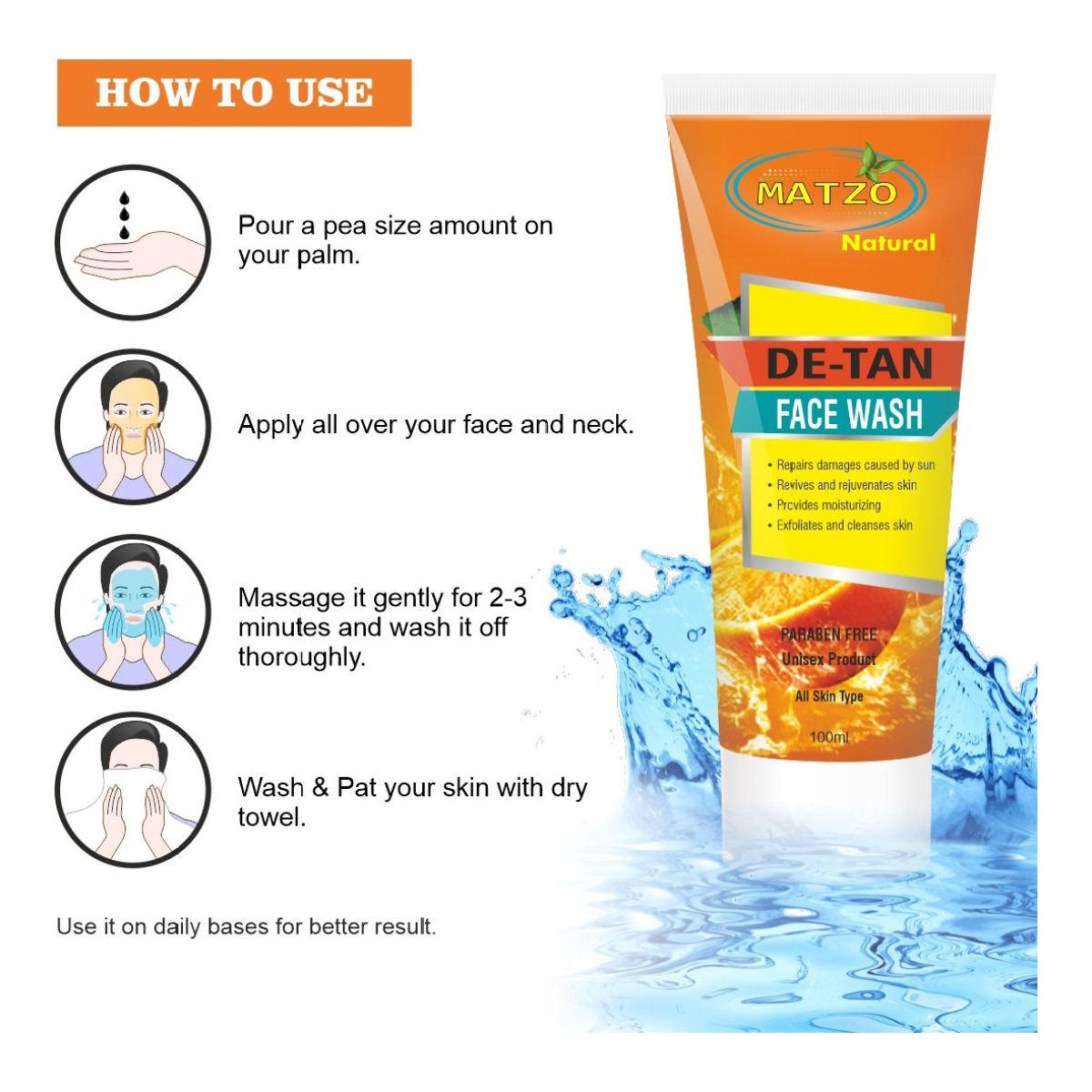 Matzo De-Tan Face Wash 100 ml | Exfoliates, Cleanses & Moisturises Skin | Repairs Sun Damage | Revive & Rejuvenates Skin | For Men & Women | For All Skin Type, Pack of 1 Matzo De-Tan Face Wash 100 ml | Exfoliates, Cleanses & Moisturises Skin | Repairs Sun Damage | Revive & Rejuvenates Skin | For Men & Women | For All Skin Type, Pack of 1