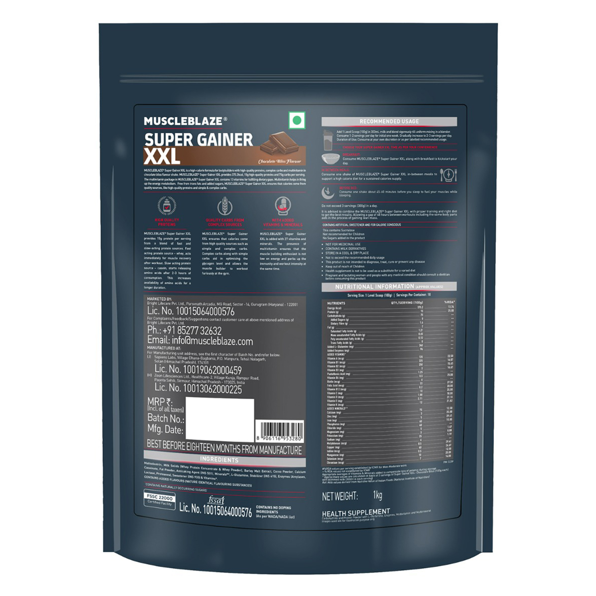 MuscleBlaze Super Gainer XXL Chocolate Bliss Flavour Powder, 1 kg, Pack of 1 MuscleBlaze Super Gainer XXL Chocolate Bliss Flavour Powder, 1 kg, Pack of 1