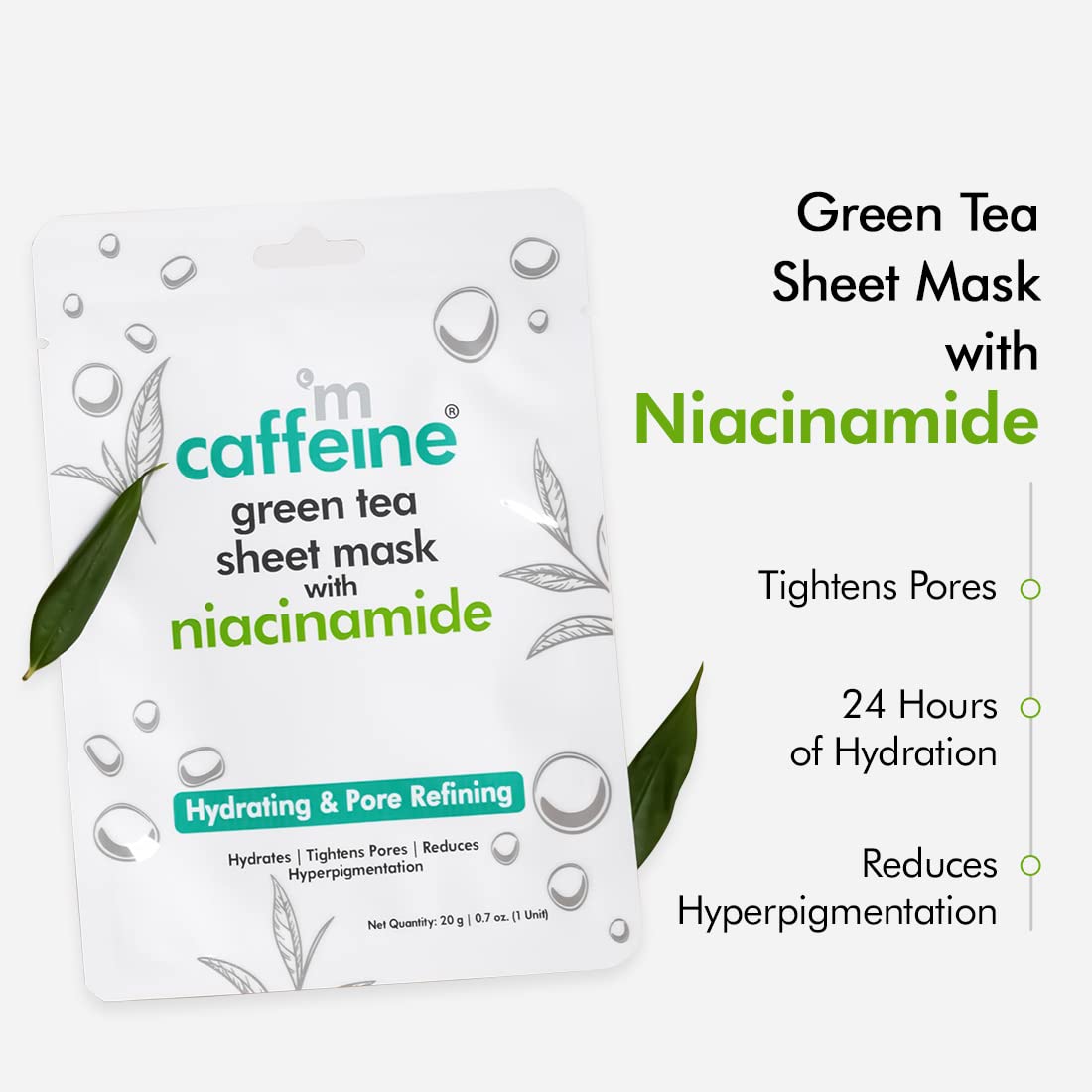 Mcaffeine Green Tea Sheet Mask with Niacinamide 20 gm | Green Tea Extract, Hyaluronic Acid, Aloe Vera Extract & Caffiene| Hydrates Skin Upto 24hrs| Reduces HyperPigmentation | Natural | For All Skin Type, Pack of 1 Mcaffeine Green Tea Sheet Mask with Niacinamide 20 gm | Green Tea Extract, Hyaluronic Acid, Aloe Vera Extract & Caffiene| Hydrates Skin Upto 24hrs| Reduces HyperPigmentation | Natural | For All Skin Type, Pack of 1