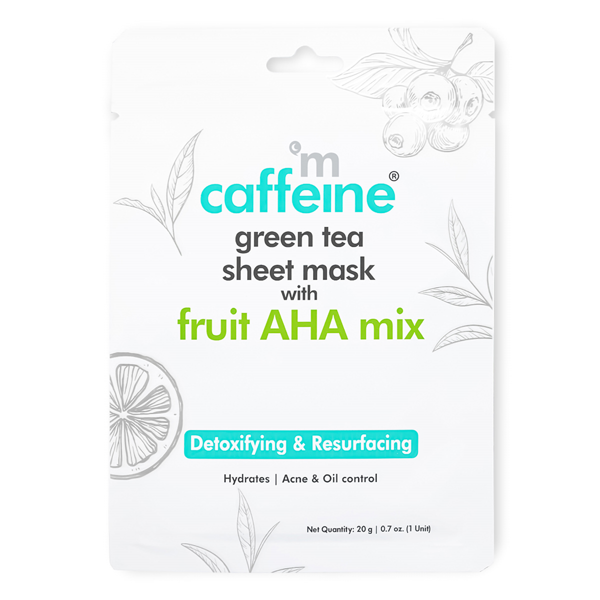 Mcaffeine Green Tea Sheet Mask with Fruit AHA Mix 20 gm | Green Tea Extract, Hyaluronic Acid, Aloe Vera Extract & Caffiene | For Detoxifying & Resurfacing | Acne & Oil Control | 24hrs Of Hydration | Natural | For All Skin Type, Pack of 1 Mcaffeine Green Tea Sheet Mask with Fruit AHA Mix 20 gm | Green Tea Extract, Hyaluronic Acid, Aloe Vera Extract & Caffiene | For Detoxifying & Resurfacing | Acne & Oil Control | 24hrs Of Hydration | Natural | For All Skin Type, Pack of 1