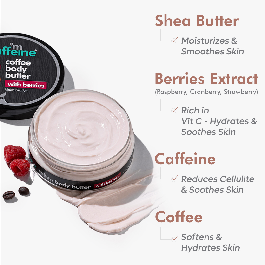 Mcaffeine Coffee Body Butter with Berries 100 gm | Coffee & Berries | Deep Moisturization | Nourishes Dry Skin | For All Skin Type, Pack of 1 Mcaffeine Coffee Body Butter with Berries 100 gm | Coffee & Berries | Deep Moisturization | Nourishes Dry Skin | For All Skin Type, Pack of 1