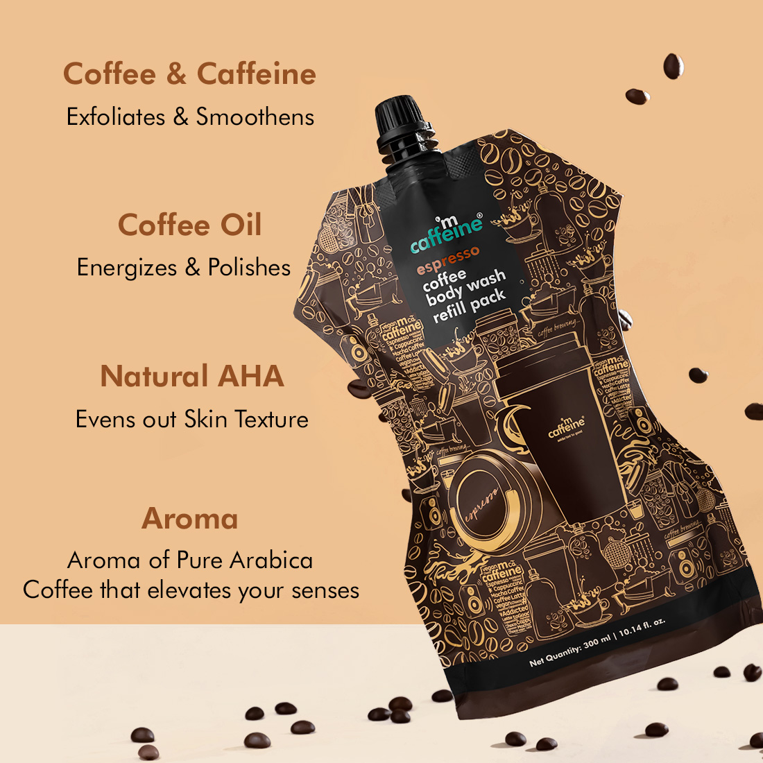 Mcaffeine Espresso Coffee Body Wash 300 ml Refill Pack | Coffee, Caffiene, Natural AHA | Exfoliates & Smoothens Skin | Even Out Skin Tone | For Men & Women | For All Skin Type, Pack of 1 Mcaffeine Espresso Coffee Body Wash 300 ml Refill Pack | Coffee, Caffiene, Natural AHA | Exfoliates & Smoothens Skin | Even Out Skin Tone | For Men & Women | For All Skin Type, Pack of 1