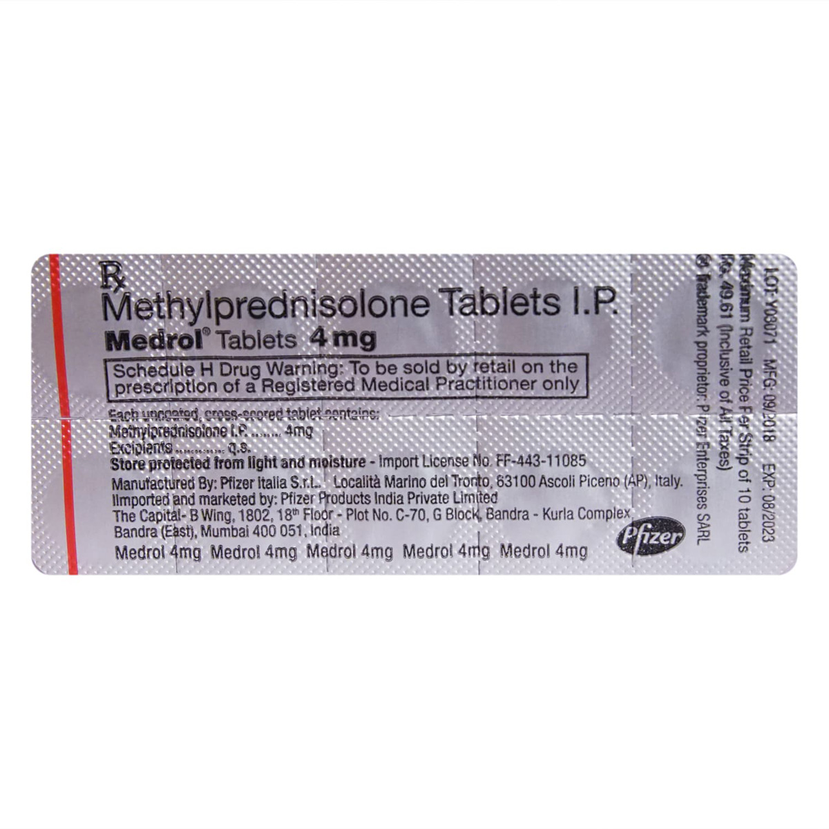 Medrol 4 mg Tablet 10's, Pack of 10 TABLETS Medrol 4 mg Tablet 10's, Pack of 10 TABLETS