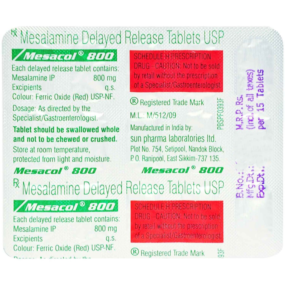 Mesacol 800 Tablet 15's, Pack of 15 TABLETS Mesacol 800 Tablet 15's, Pack of 15 TABLETS