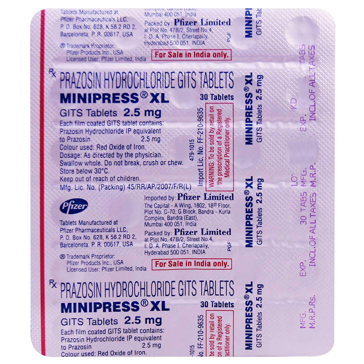 Minipress XL 2.5 30's, Pack of 30 TABLETS Minipress XL 2.5 30's, Pack of 30 TABLETS