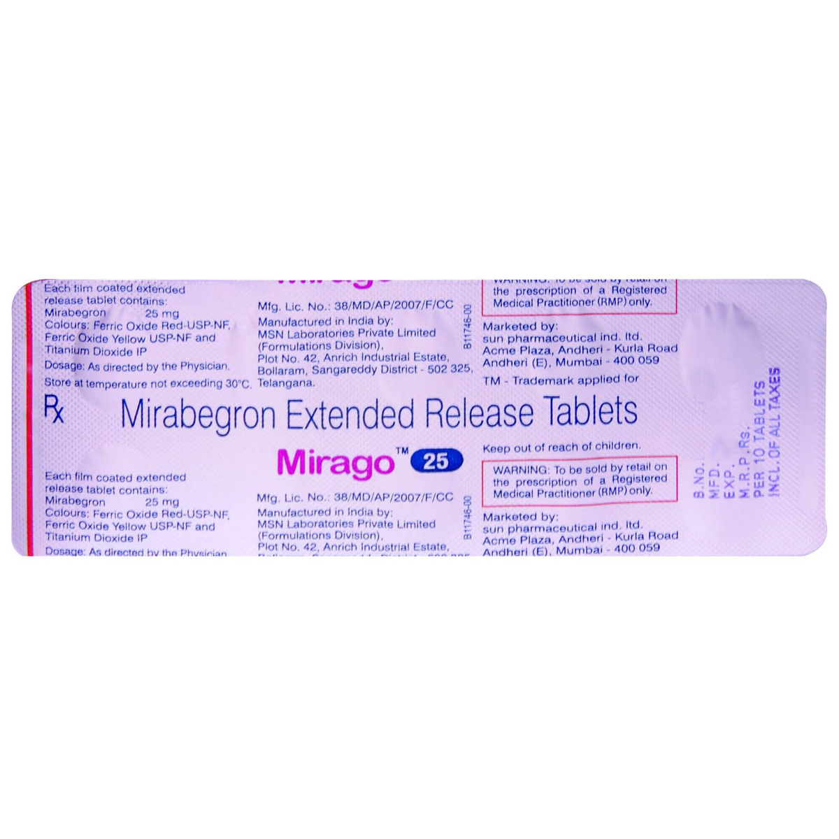 Mirago 25 Tablet 10's, Pack of 10 TABLETS Mirago 25 Tablet 10's, Pack of 10 TABLETS