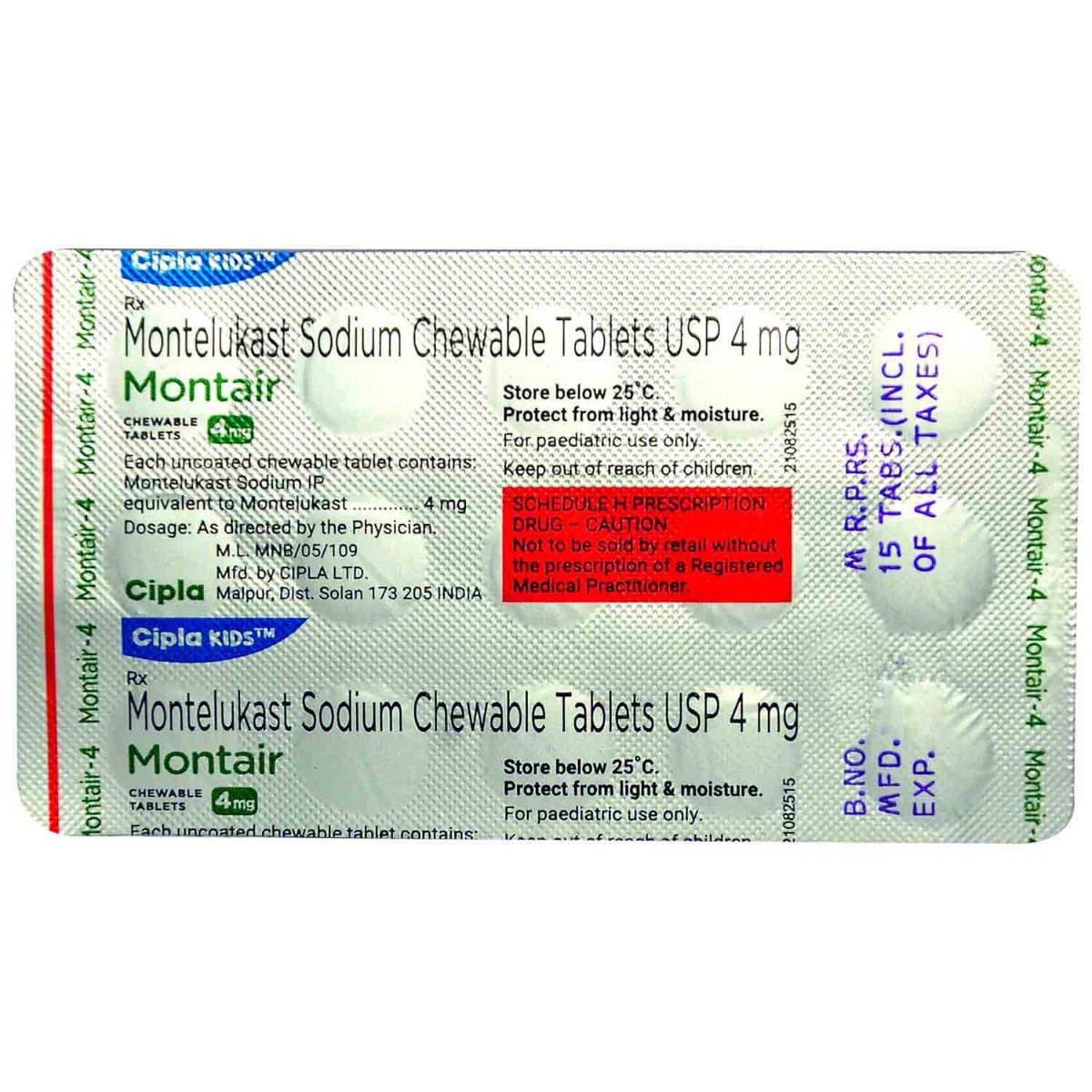 Montair 4 mg Chewable Tablet 15's, Pack of 15 TABLETS Montair 4 mg Chewable Tablet 15's, Pack of 15 TABLETS