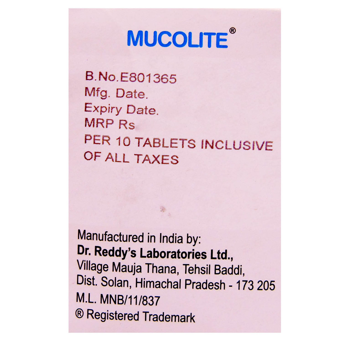 Mucolite Tablet 10's, Pack of 10 TABLETS Mucolite Tablet 10's, Pack of 10 TABLETS