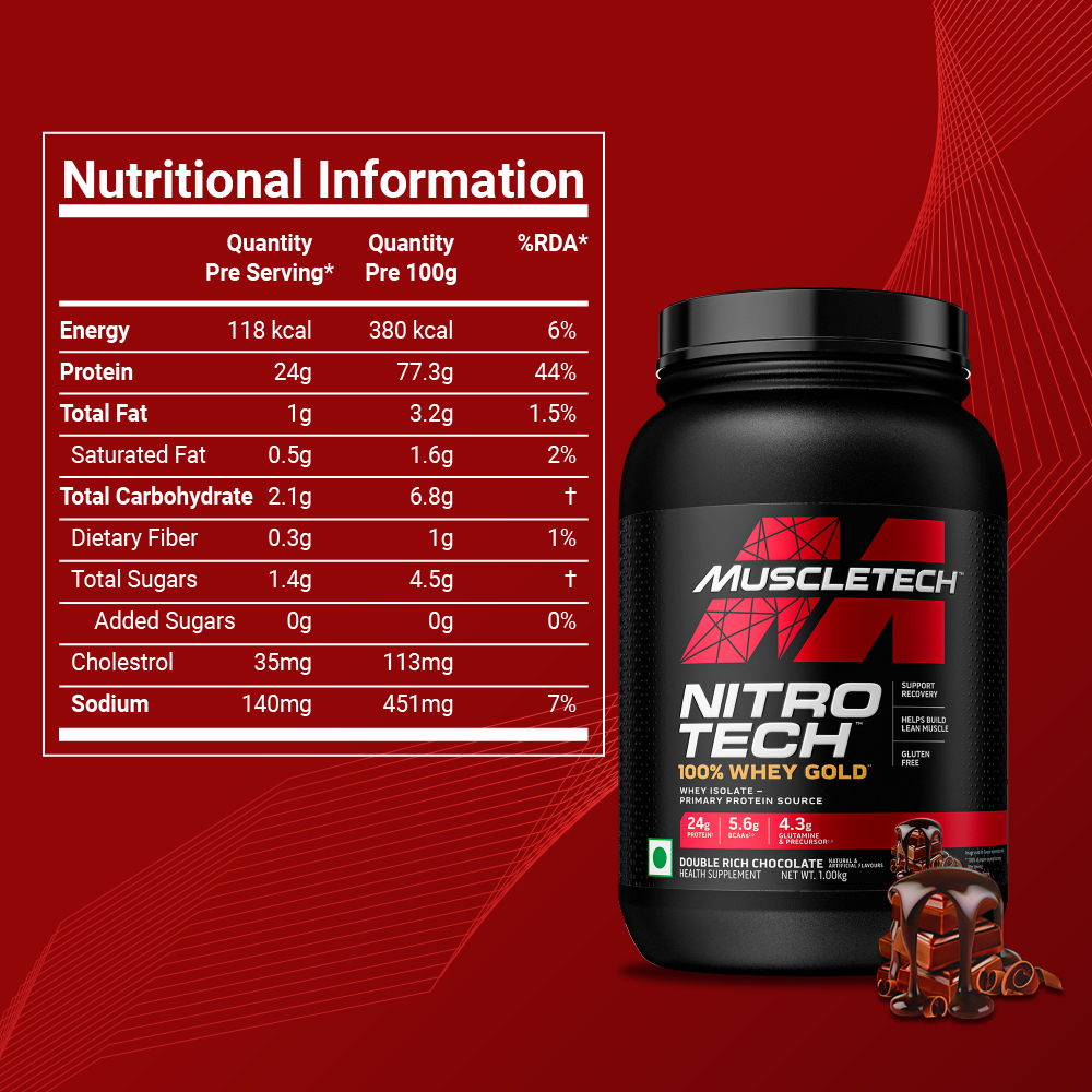 Muscletech Nitrotech 100% Whey Gold Double Rich Chocolate Flavour Powder, 1 kg, Pack of 1 Muscletech Nitrotech 100% Whey Gold Double Rich Chocolate Flavour Powder, 1 kg, Pack of 1
