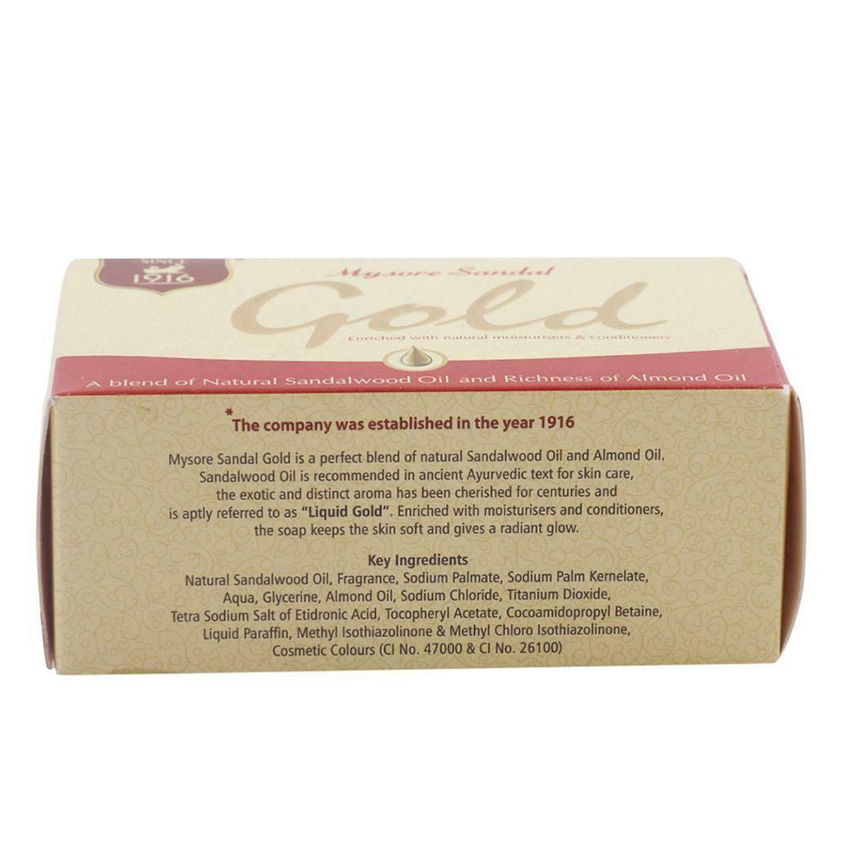 Mysore Sandal Gold Soap 125 gm | Natural Sandalwood Oil & Almond Oil | Moisturises Skin, Pack of 1 Mysore Sandal Gold Soap 125 gm | Natural Sandalwood Oil & Almond Oil | Moisturises Skin, Pack of 1